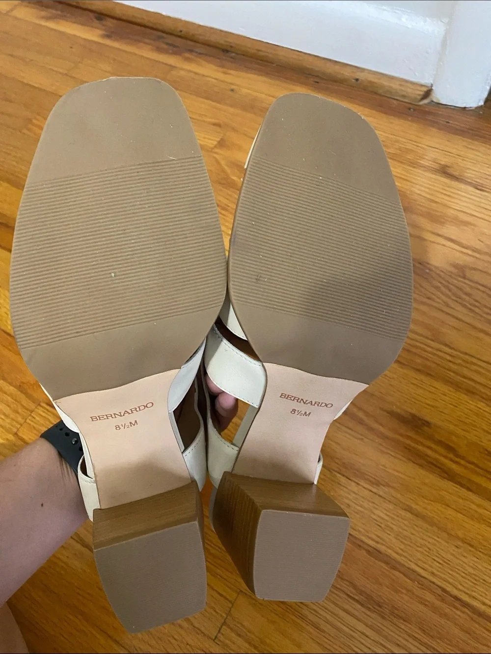 Bernardo Cream Woven Leather Block Heel Sandals